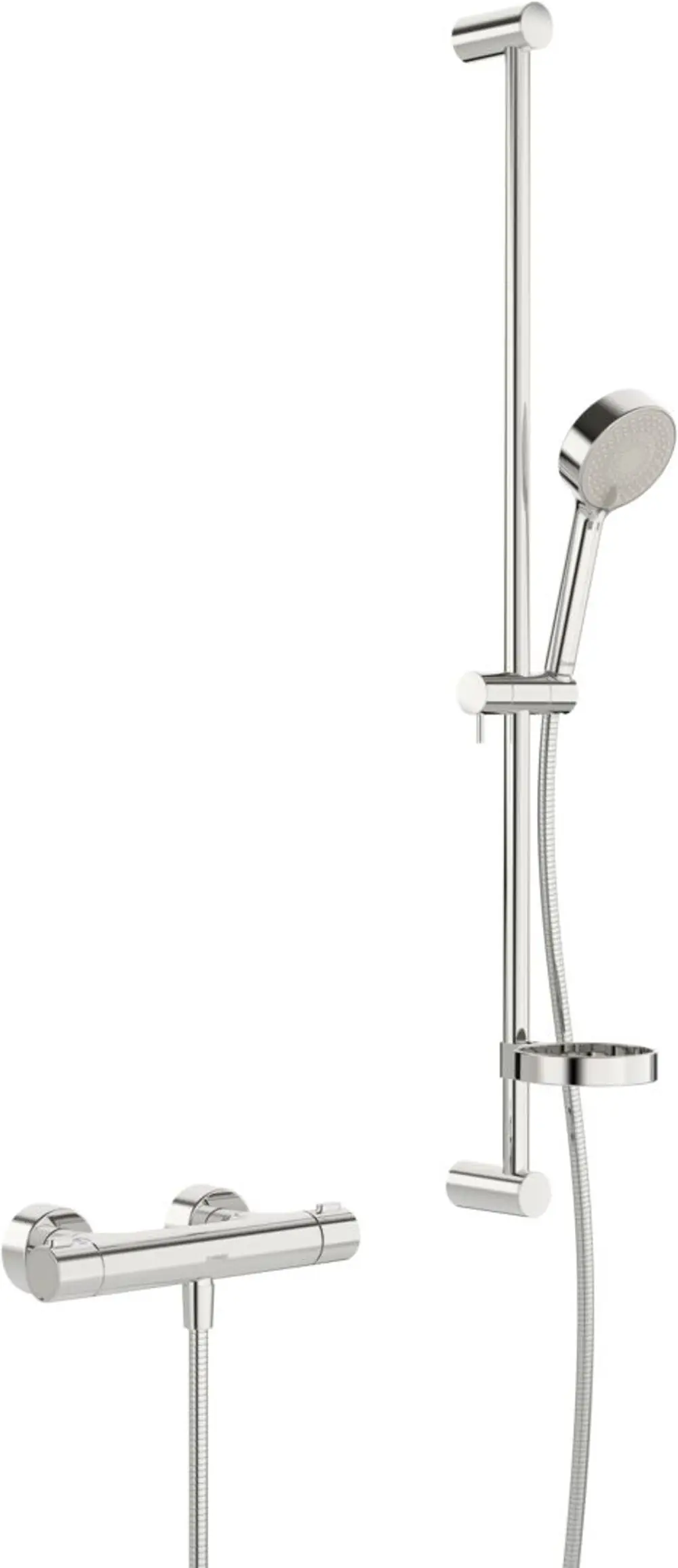 HANSABRAUSE-Set mit Handbrause und Schlauch, montiert an einem Halter, versehen mit einem Temperaturregler und einem Ablagebehälter, in glänzendem Chromfinish.